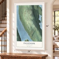 Inglenook, Connecticut map, 24 x 36 inch print in a white frame by a staircase