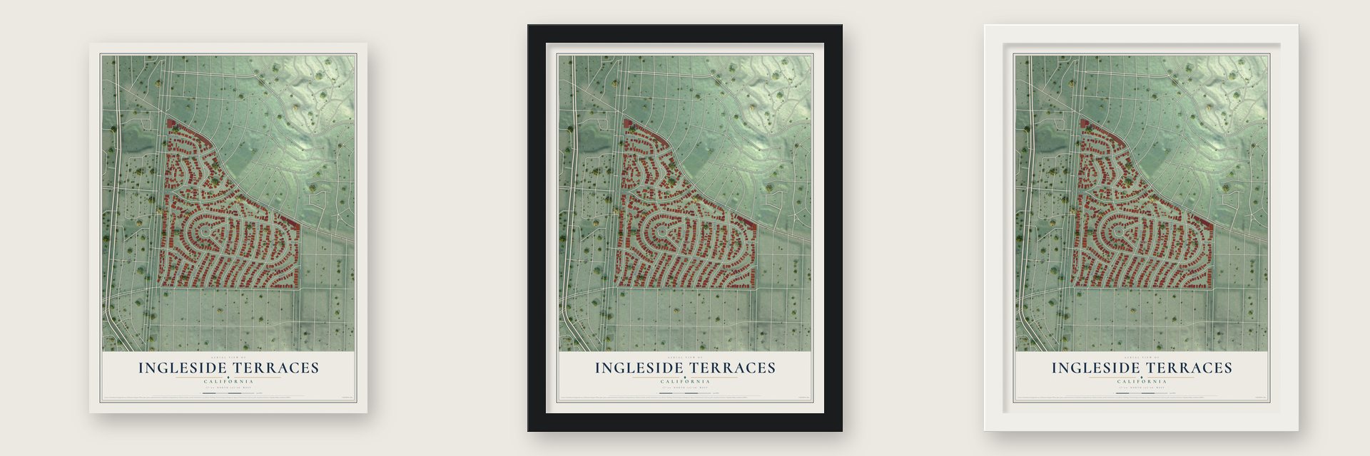 Ingleside Terraces, California map unframed, in a black wood frame and in a white wood frame