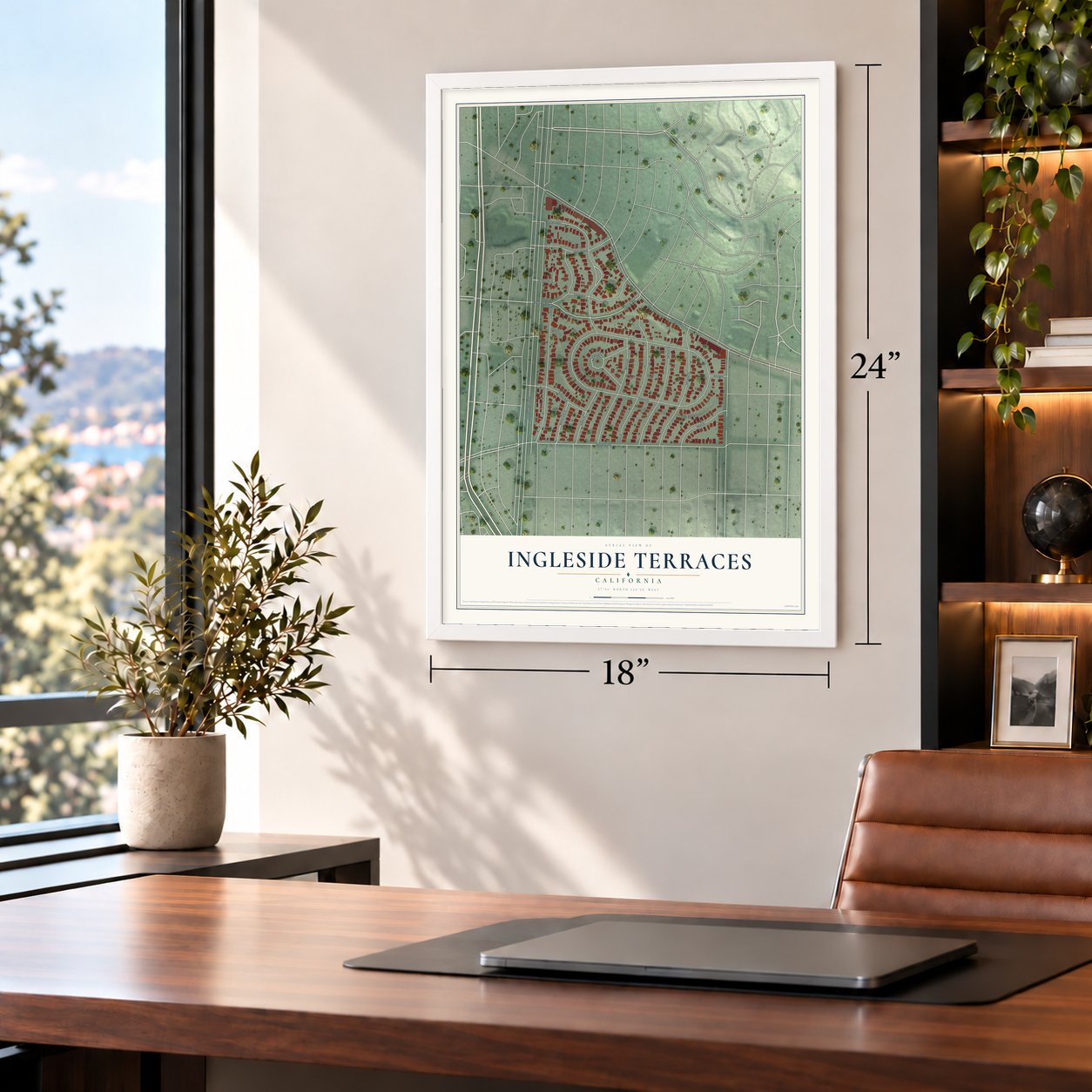 Ingleside Terraces, California map, 18 x 24 inch print in a white frame in a home office