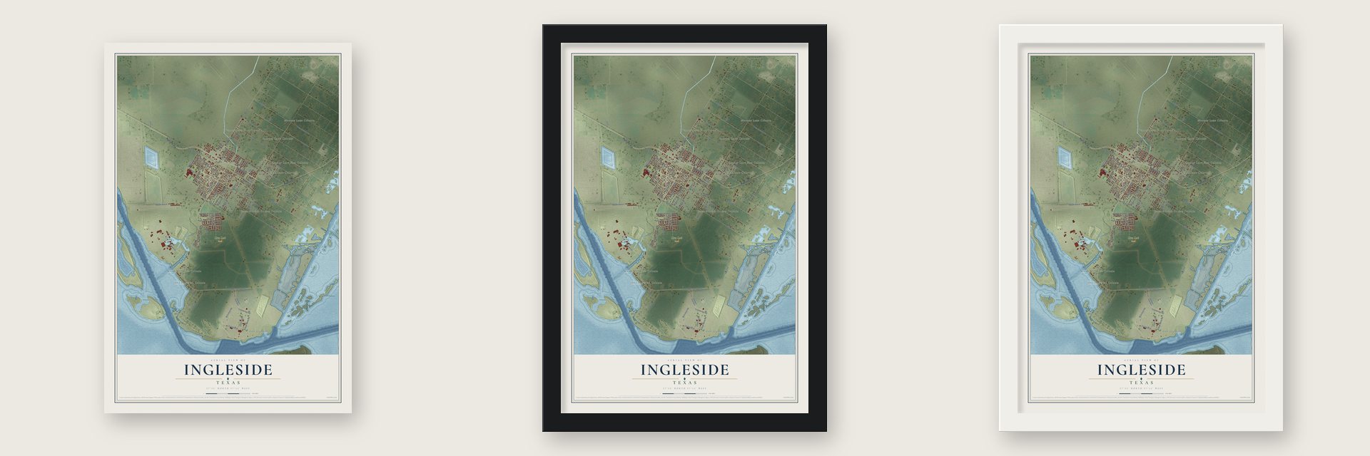 Ingleside, Texas map unframed, in a black wood frame and in a white wood frame