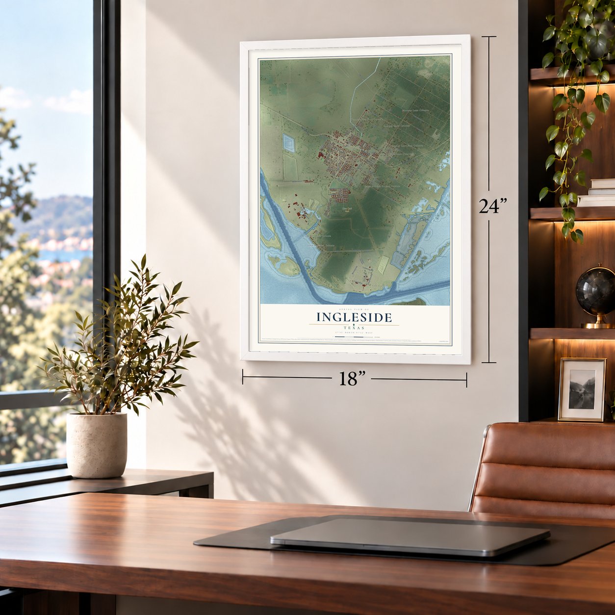 Ingleside, Texas map, 18 x 24 inch print in a white frame in a home office