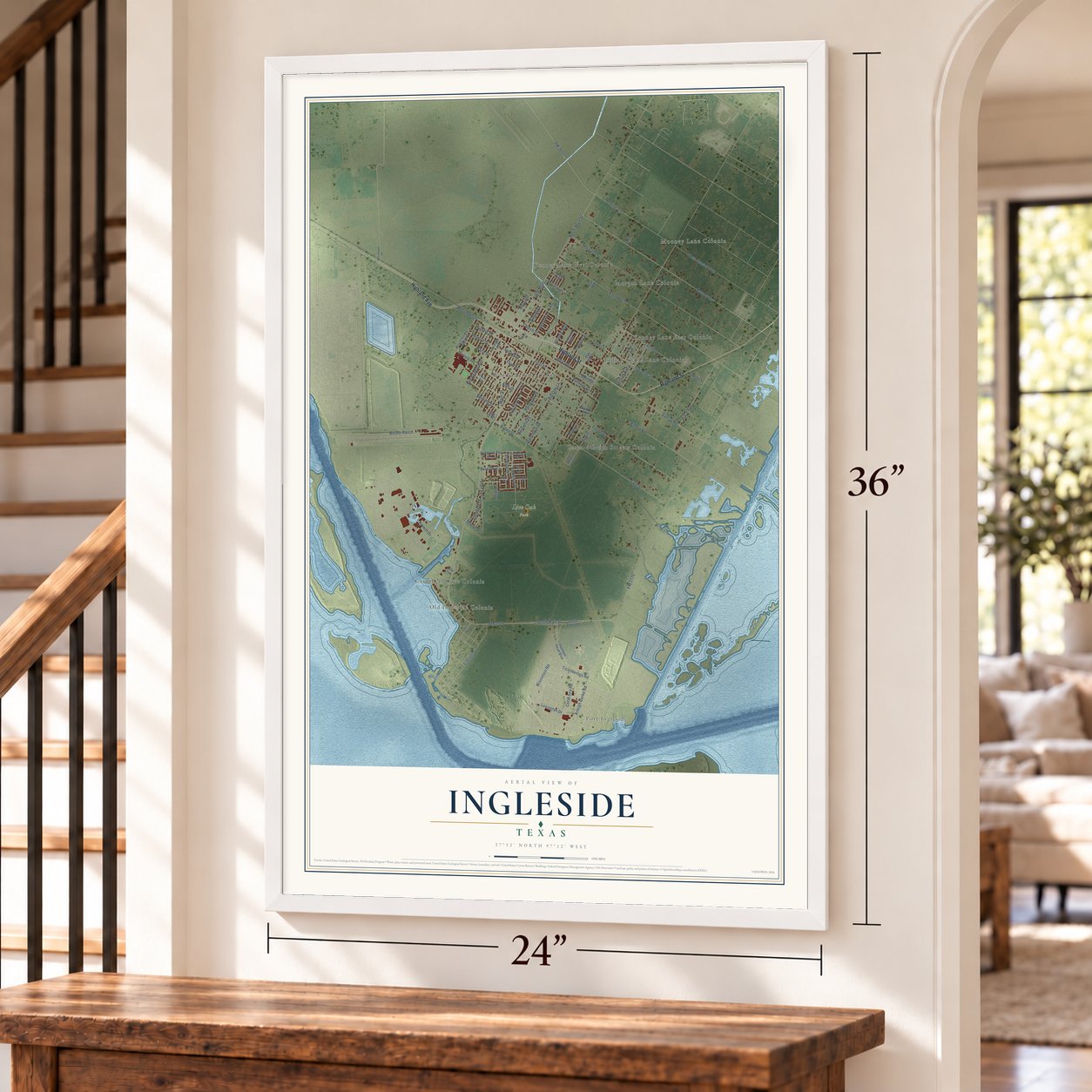 Ingleside, Texas map, 24 x 36 inch print in a white frame by a staircase