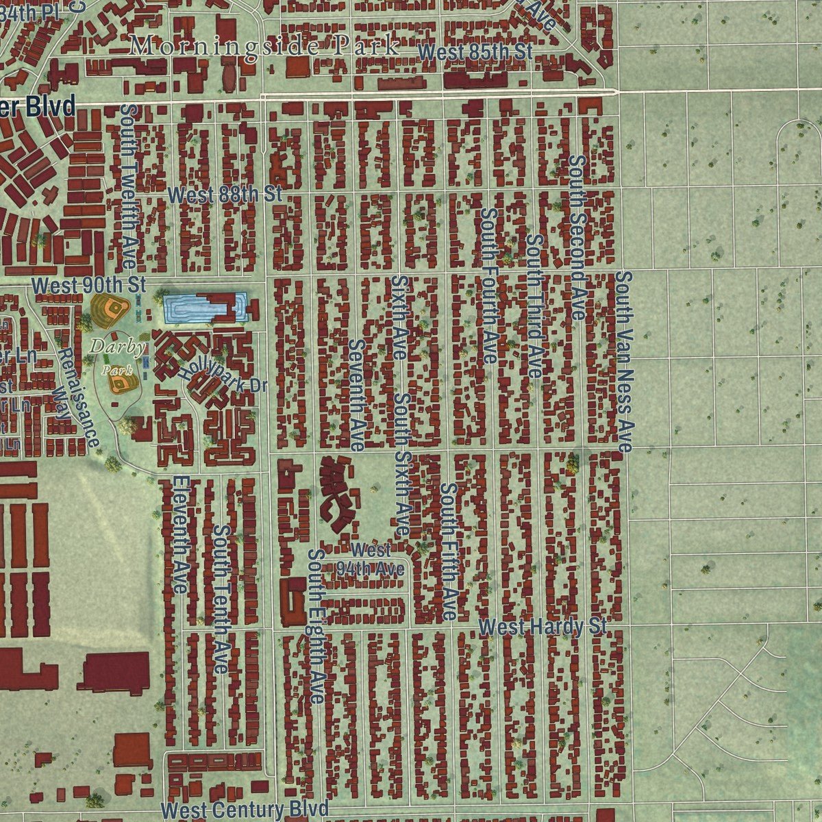 Second close-up of the map of Inglewood, California print showing more streets and buildings