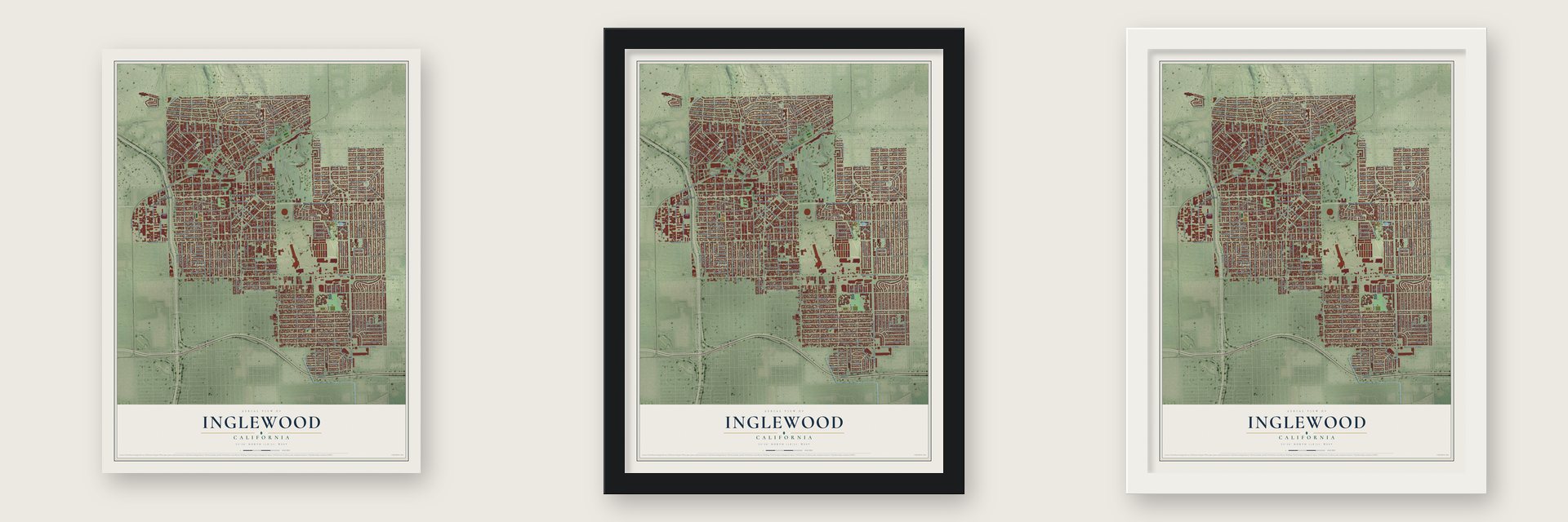 Inglewood, California map unframed, in a black wood frame and in a white wood frame