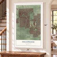 Inglewood, California map, 24 x 36 inch print in a white frame by a staircase
