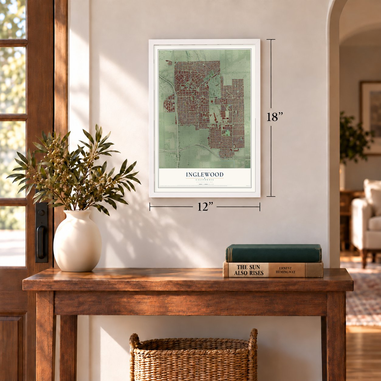 Inglewood, California map, 12 x 18 inch print in a white frame in an entryway