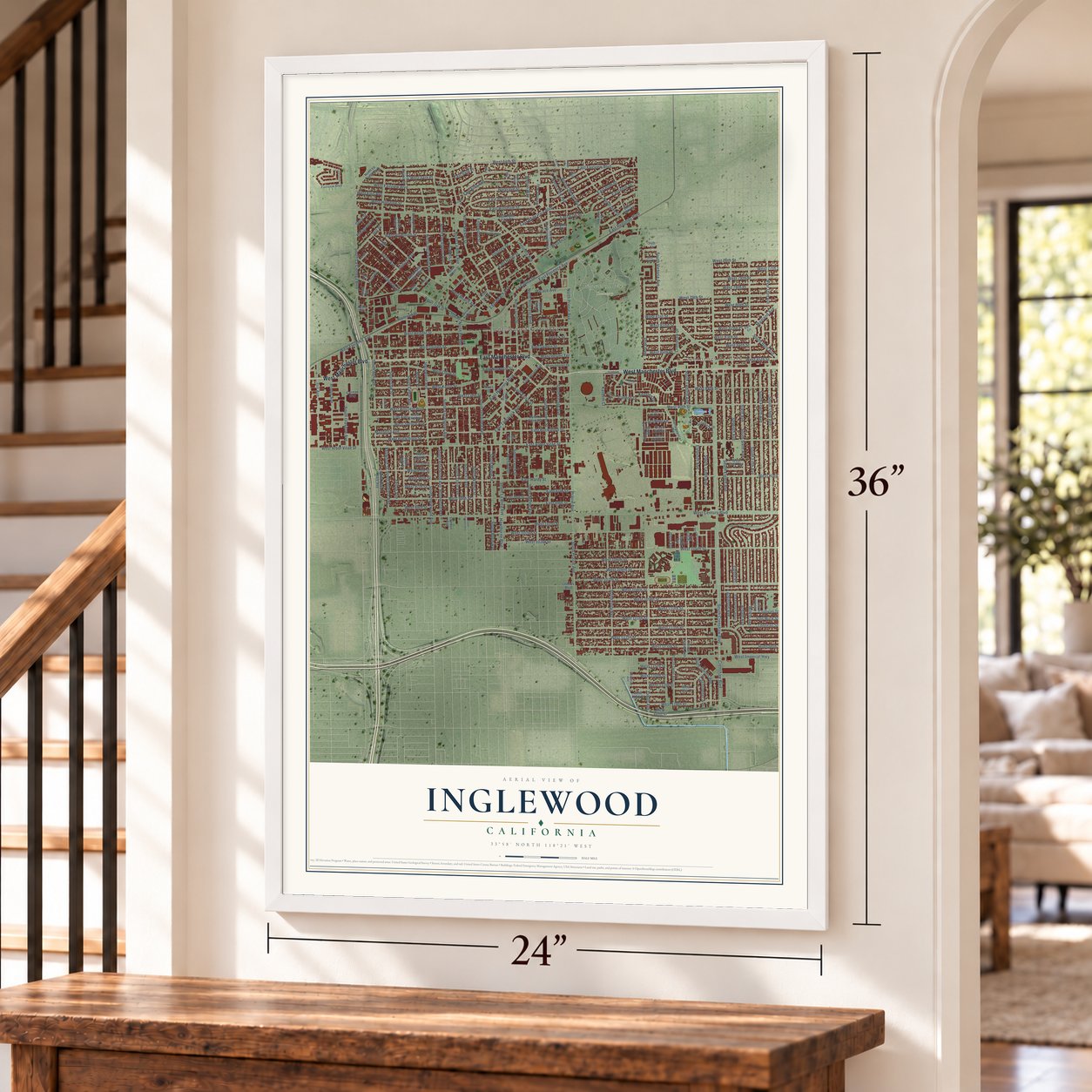 Inglewood, California map, 24 x 36 inch print in a white frame by a staircase