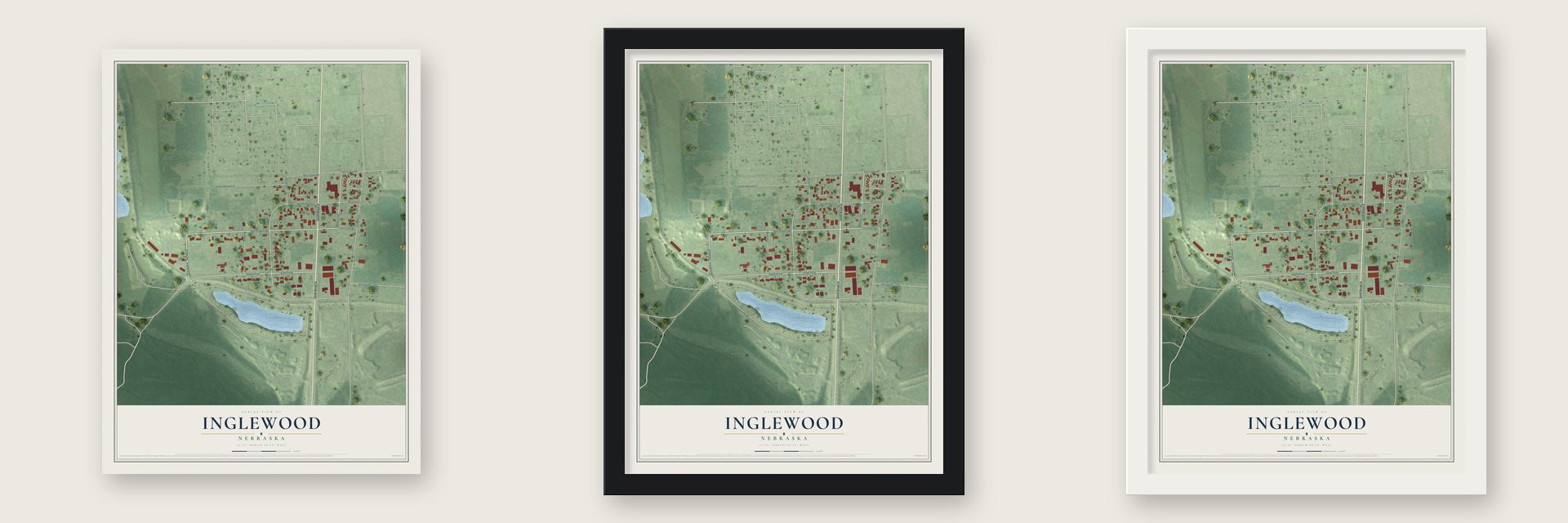 Inglewood, Nebraska map unframed, in a black wood frame and in a white wood frame