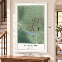 Inglewood, Nebraska map, 24 x 36 inch print in a white frame by a staircase