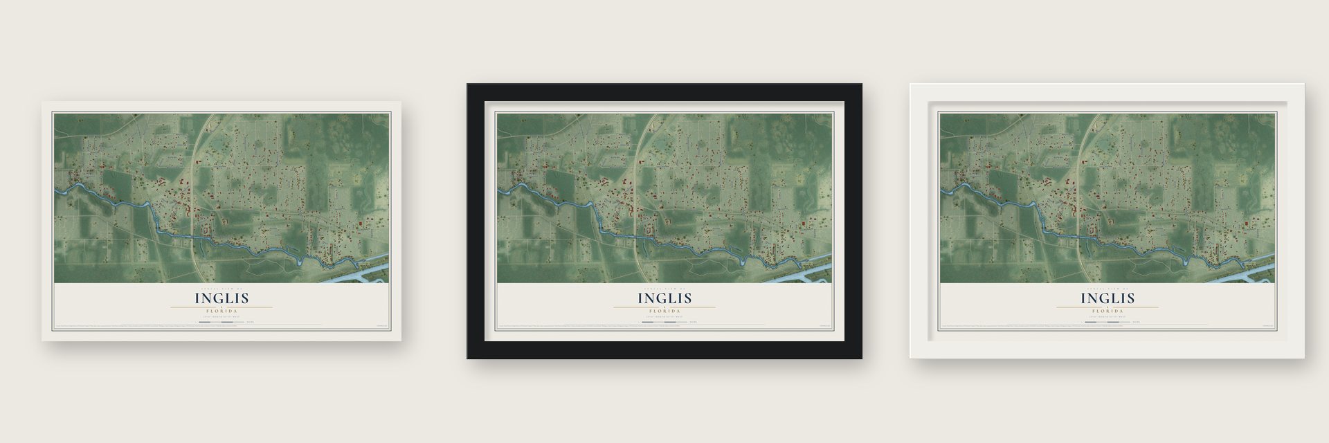 Inglis, Florida map unframed, in a black wood frame and in a white wood frame