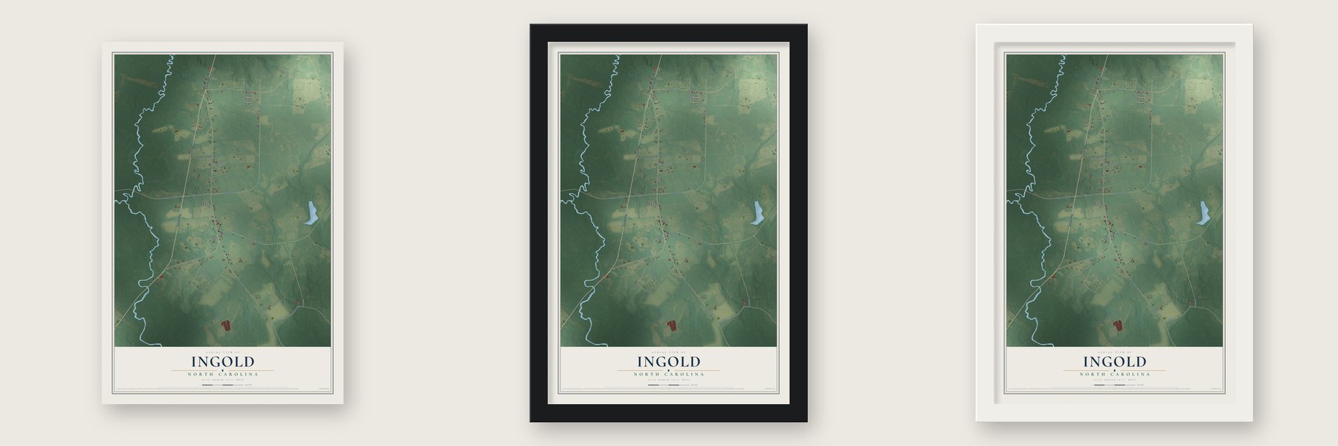Ingold, North Carolina map unframed, in a black wood frame and in a white wood frame