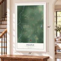Ingold, North Carolina map, 24 x 36 inch print in a white frame by a staircase