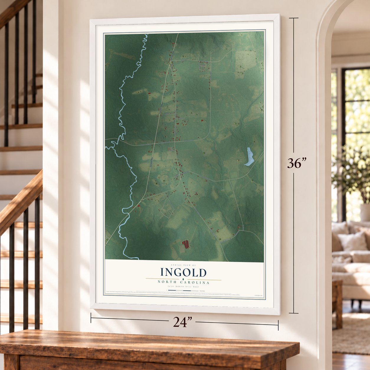 Ingold, North Carolina map, 24 x 36 inch print in a white frame by a staircase