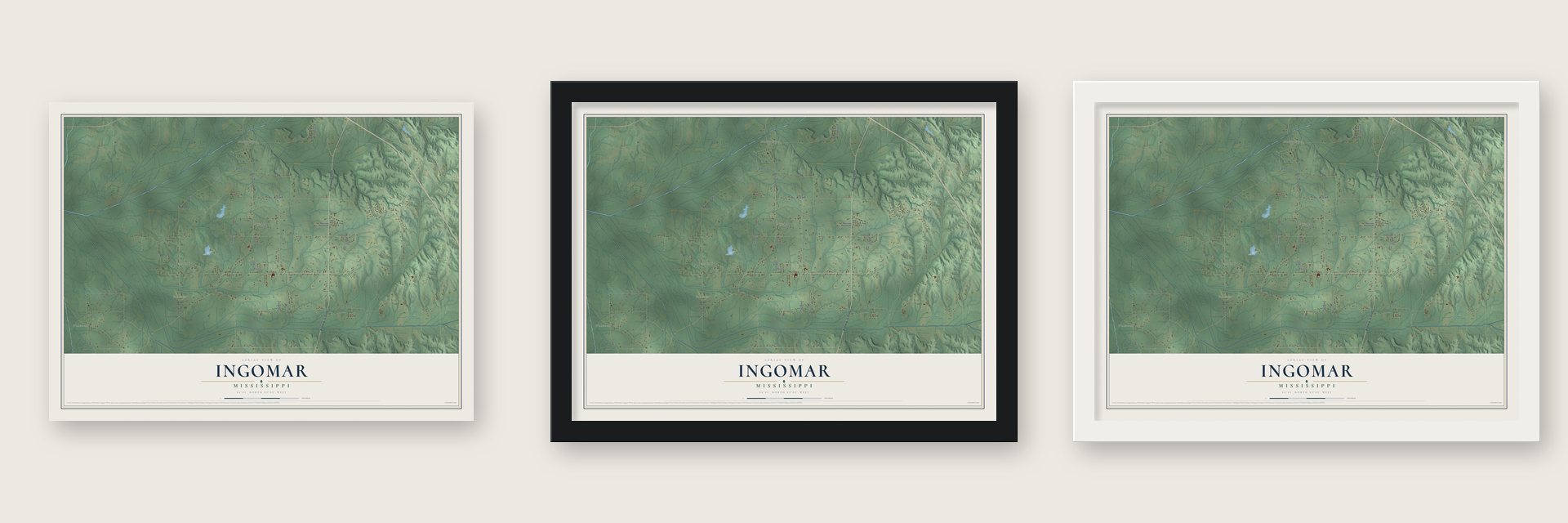 Ingomar, Mississippi map unframed, in a black wood frame and in a white wood frame