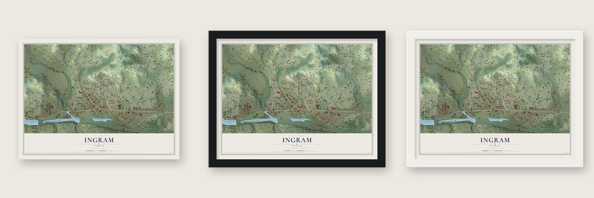 Ingram, Texas map unframed, in a black wood frame and in a white wood frame