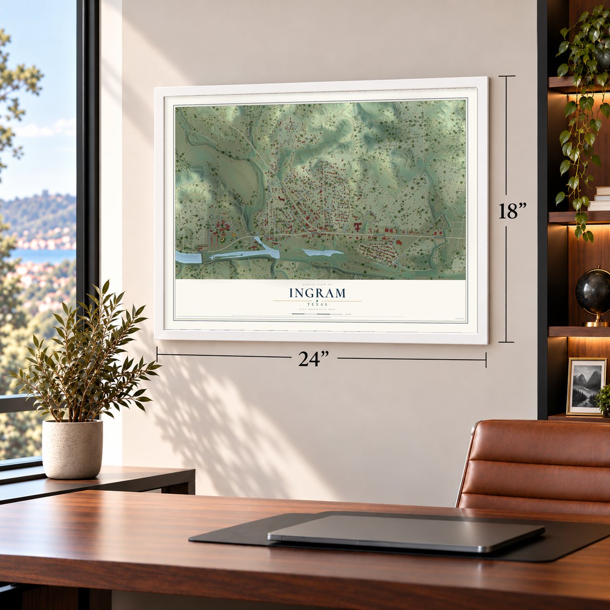 Ingram, Texas map, 18 x 24 inch print in a white frame in a home office
