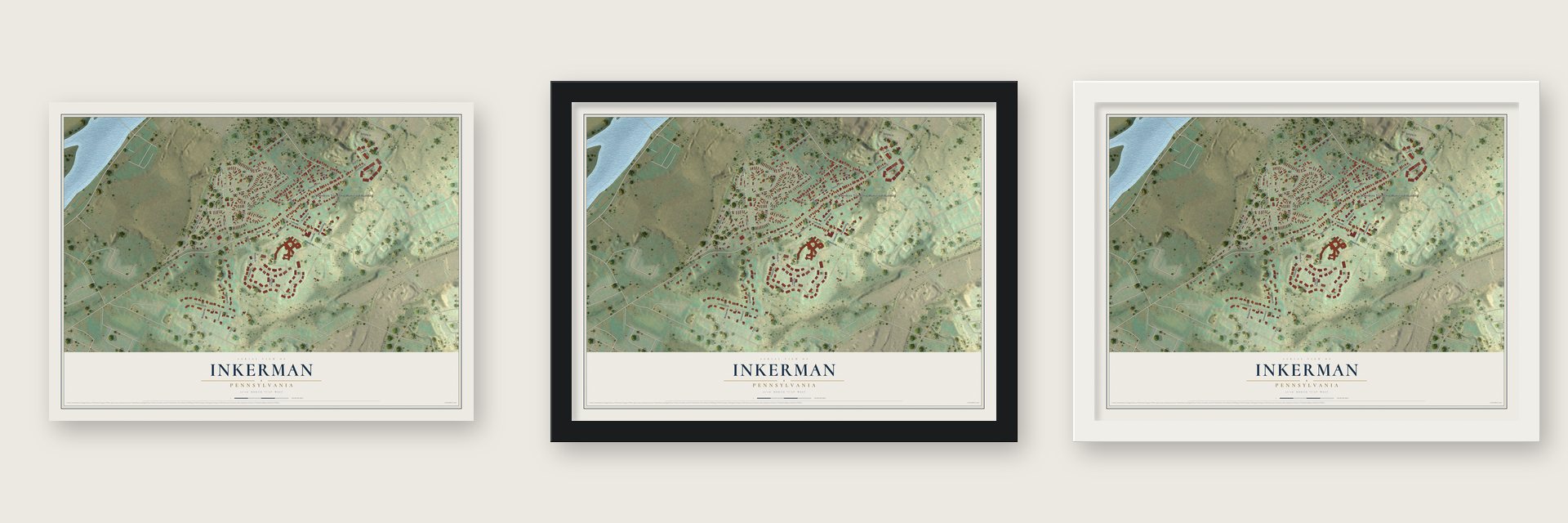Inkerman, Pennsylvania map unframed, in a black wood frame and in a white wood frame