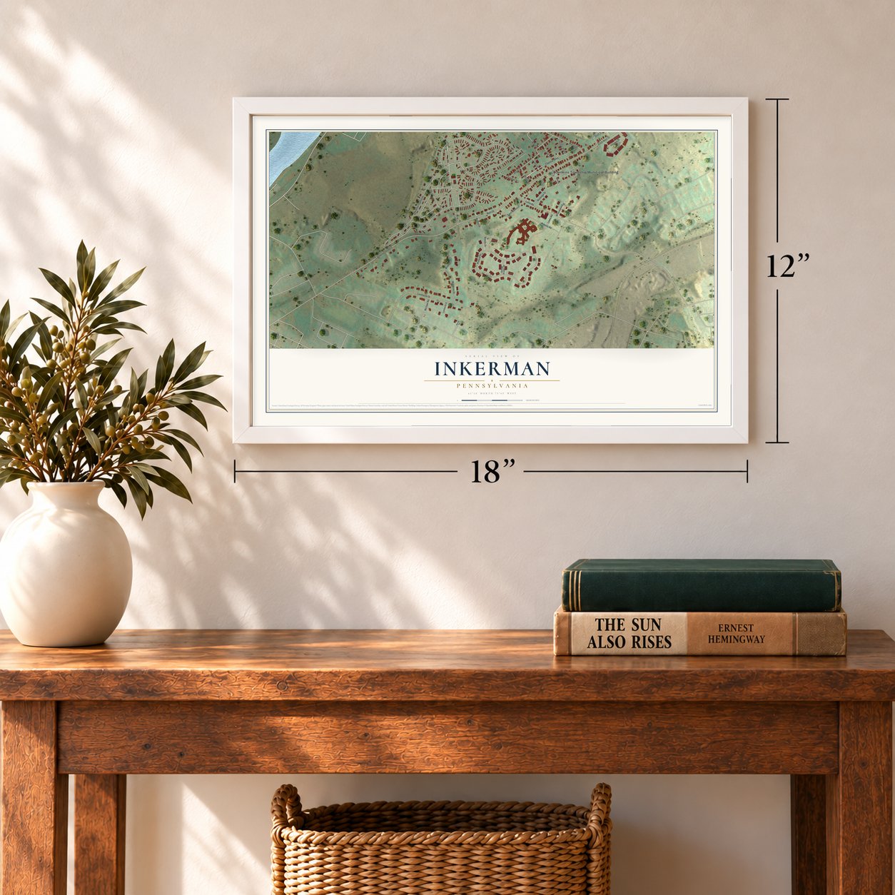 Inkerman, Pennsylvania map, 12 x 18 inch print in a white frame in an entryway