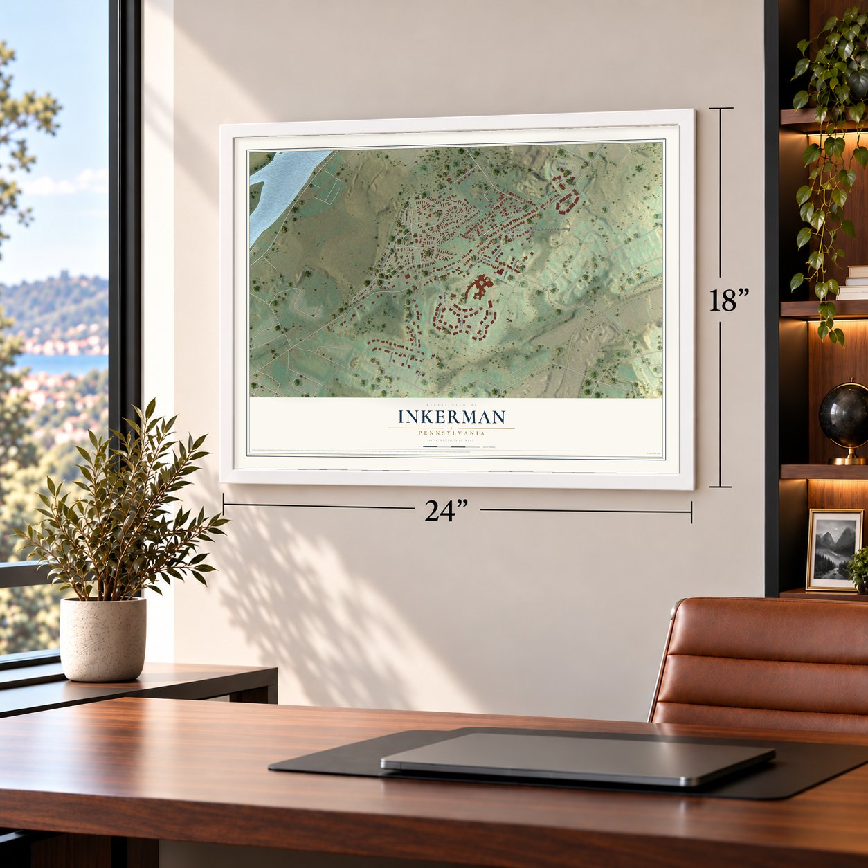 Inkerman, Pennsylvania map, 18 x 24 inch print in a white frame in a home office
