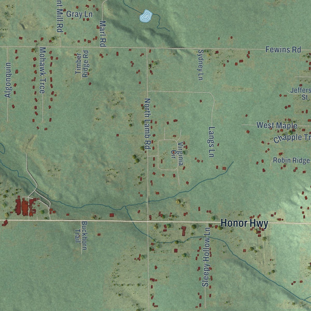 Second close-up of the map of Inland, Michigan print showing more streets and buildings