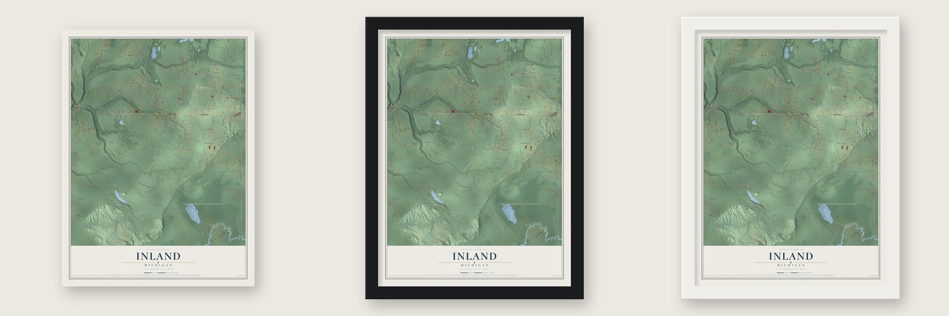 Inland, Michigan map unframed, in a black wood frame and in a white wood frame