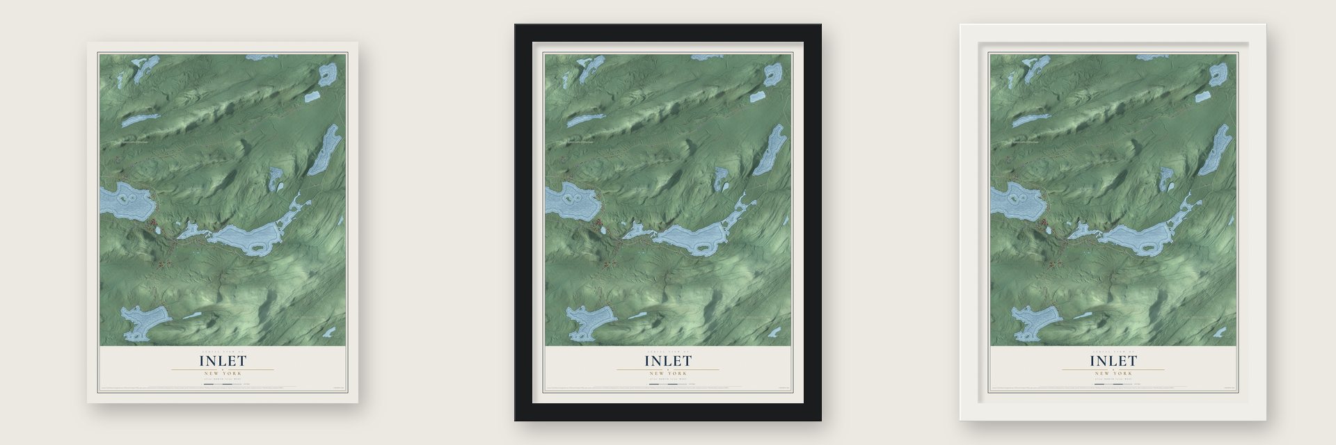 Inlet, New York map unframed, in a black wood frame and in a white wood frame