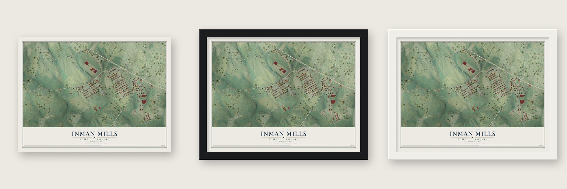 Inman Mills, South Carolina map unframed, in a black wood frame and in a white wood frame