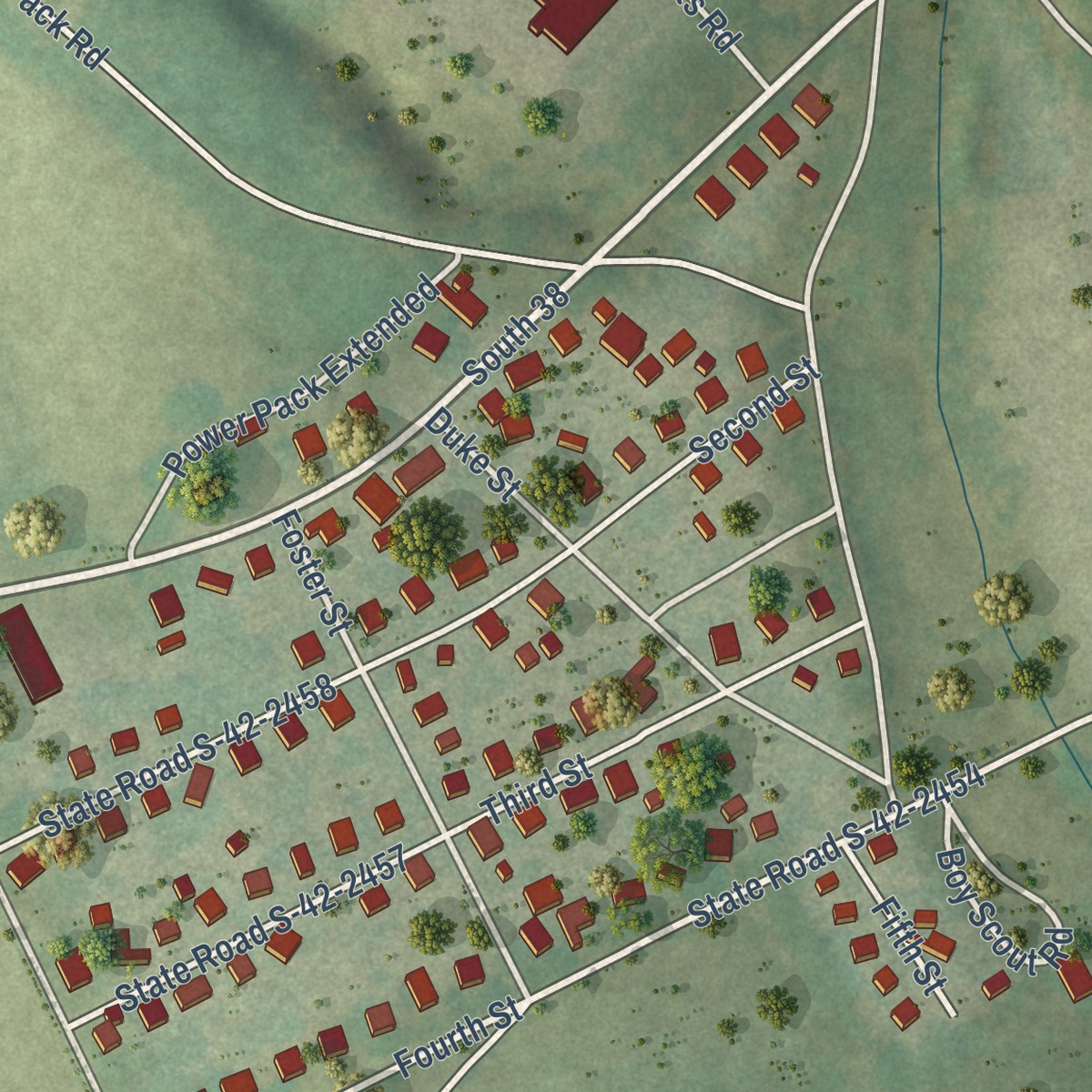 Second close-up of the map of Inman Mills, South Carolina print showing more streets and buildings