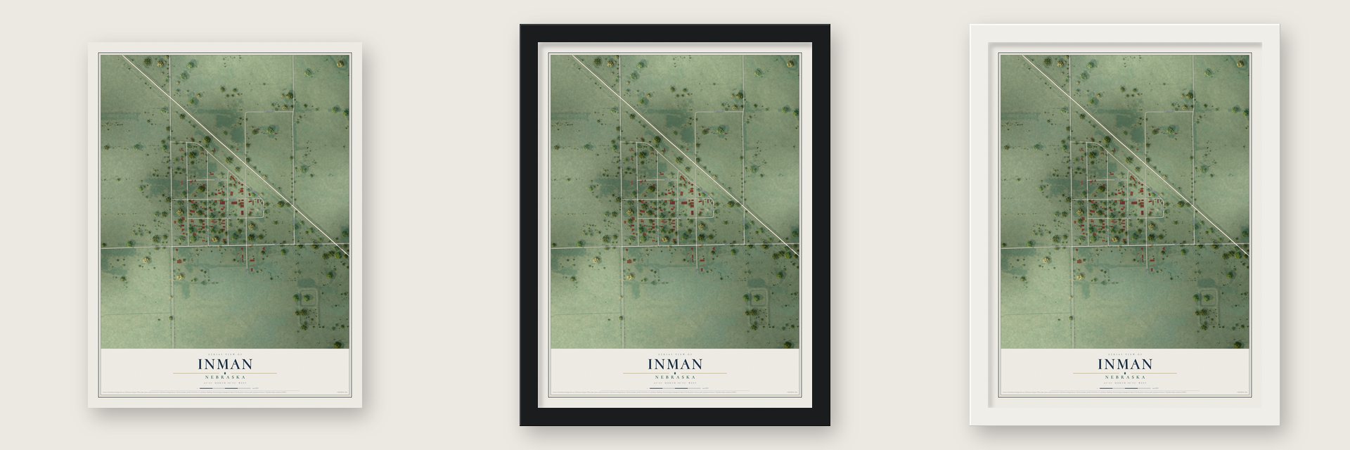 Inman, Nebraska map unframed, in a black wood frame and in a white wood frame