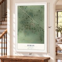 Inman, Nebraska map, 24 x 36 inch print in a white frame by a staircase