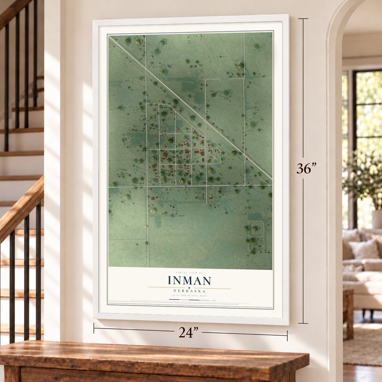 Inman, Nebraska map, 24 x 36 inch print in a white frame by a staircase