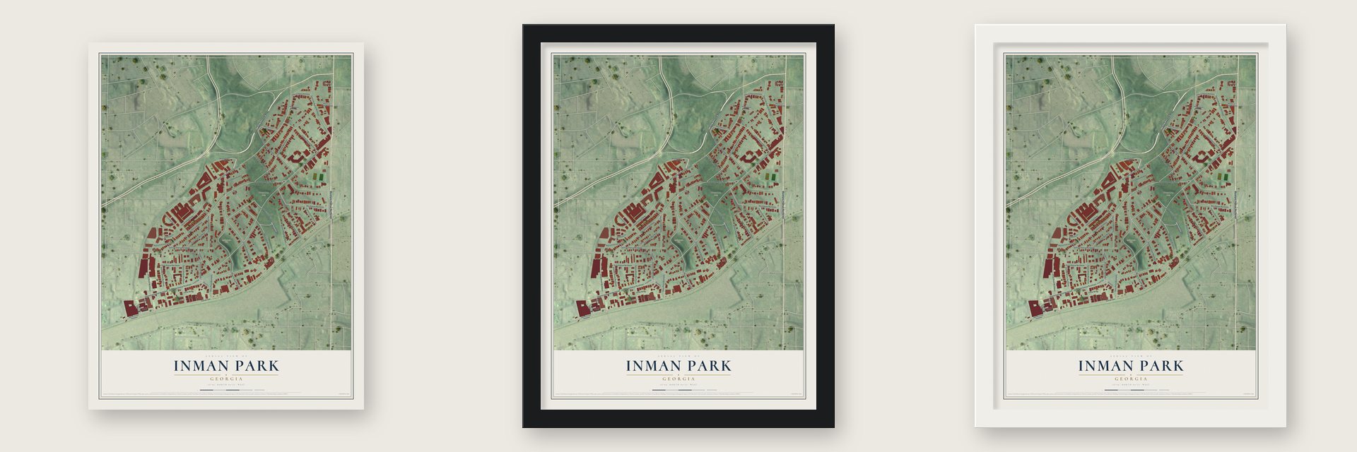 Inman Park, Georgia map unframed, in a black wood frame and in a white wood frame