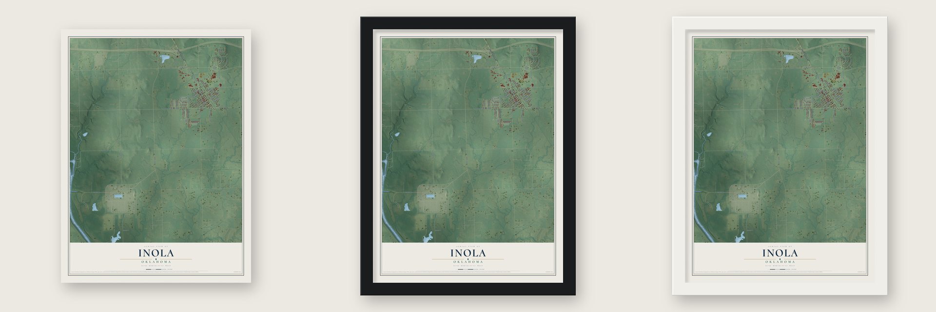 Inola, Oklahoma map unframed, in a black wood frame and in a white wood frame