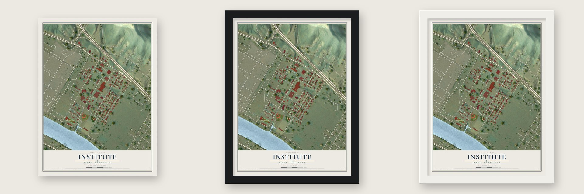 Institute, West Virginia map unframed, in a black wood frame and in a white wood frame