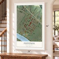 Institute, West Virginia map, 24 x 36 inch print in a white frame by a staircase