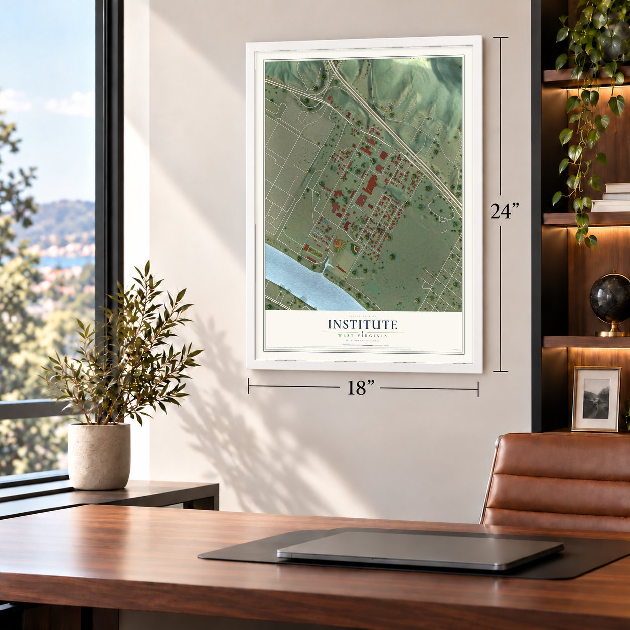 Institute, West Virginia map, 18 x 24 inch print in a white frame in a home office
