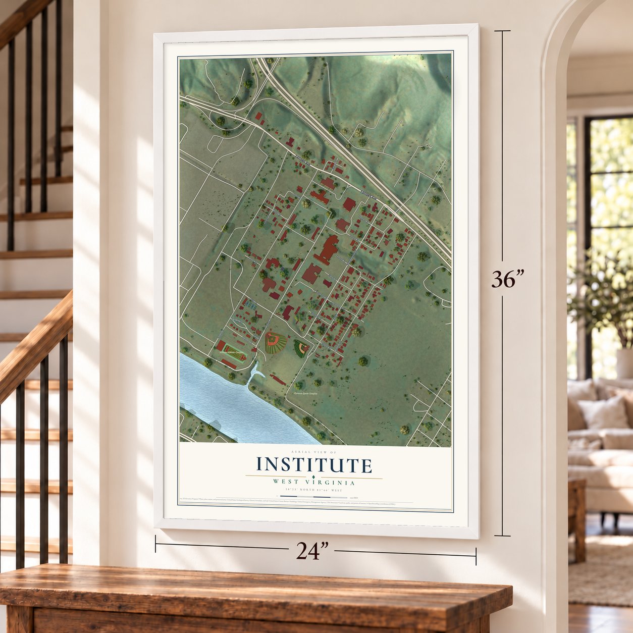 Institute, West Virginia map, 24 x 36 inch print in a white frame by a staircase