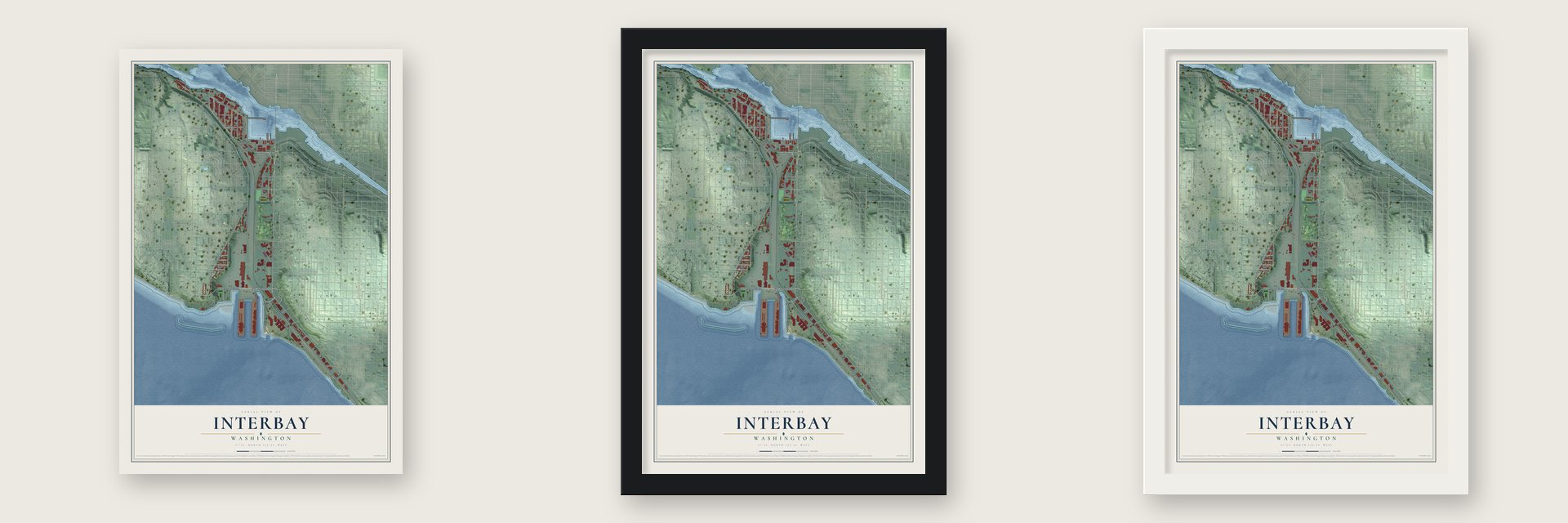Interbay, Washington map unframed, in a black wood frame and in a white wood frame