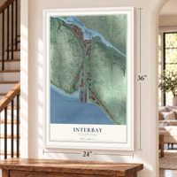 Interbay, Washington map, 24 x 36 inch print in a white frame by a staircase