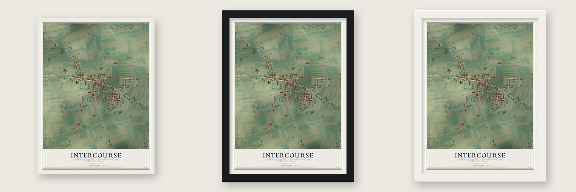 Intercourse, Pennsylvania map unframed, in a black wood frame and in a white wood frame