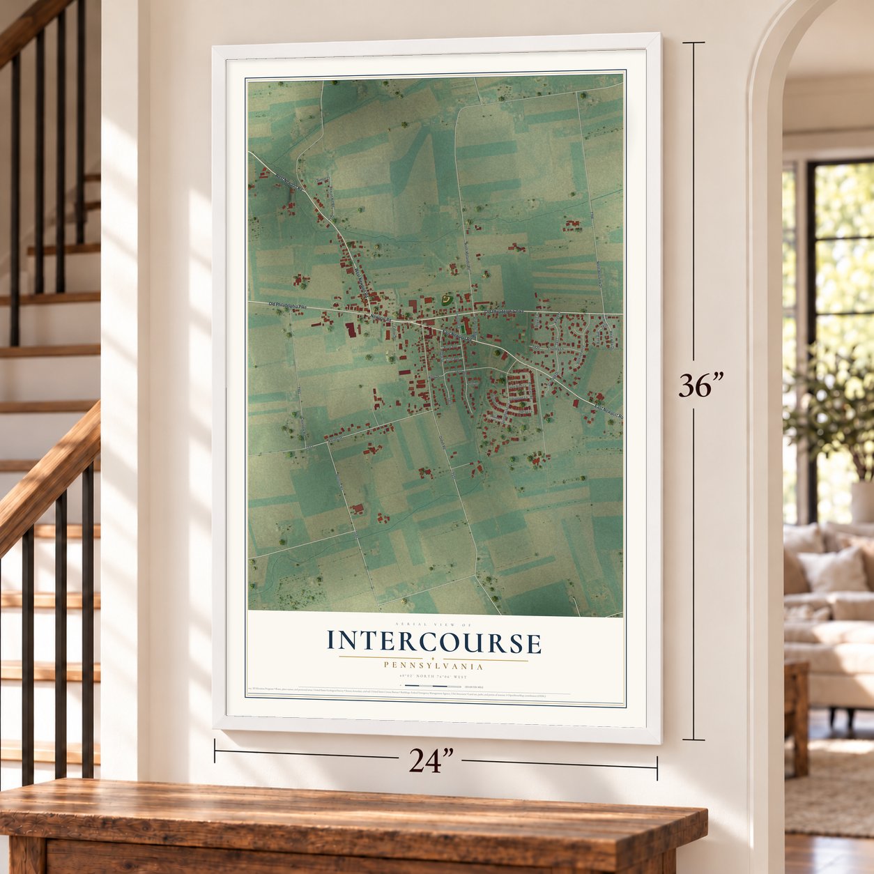 Intercourse, Pennsylvania map, 24 x 36 inch print in a white frame by a staircase