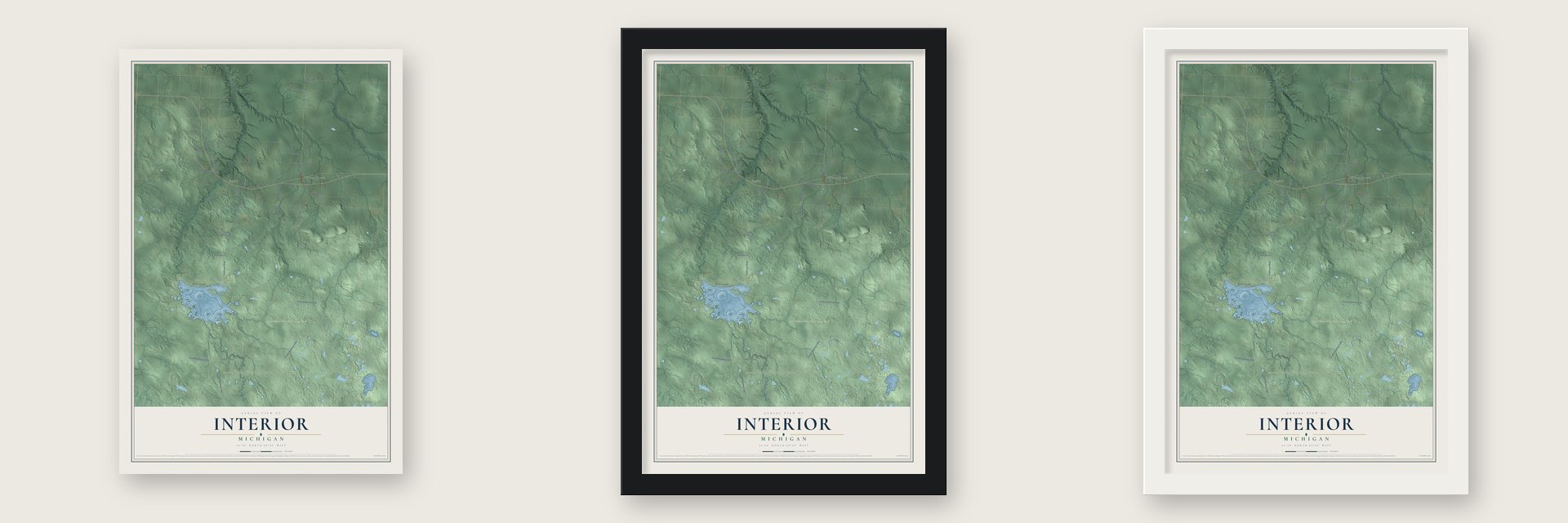 Interior, Michigan map unframed, in a black wood frame and in a white wood frame