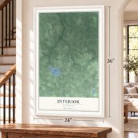 Interior, Michigan map, 24 x 36 inch print in a white frame by a staircase