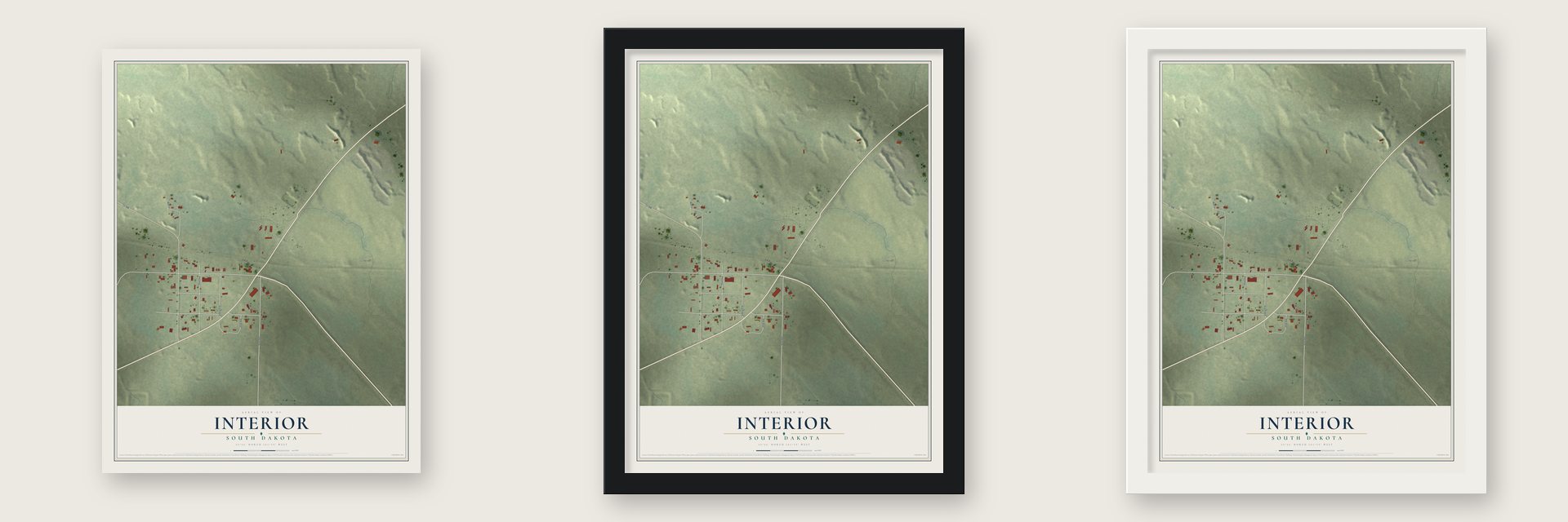 Interior, South Dakota map unframed, in a black wood frame and in a white wood frame