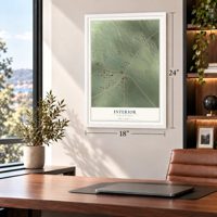 Interior, South Dakota map, 18 x 24 inch print in a white frame in a home office