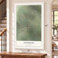 Interior, South Dakota map, 24 x 36 inch print in a white frame by a staircase
