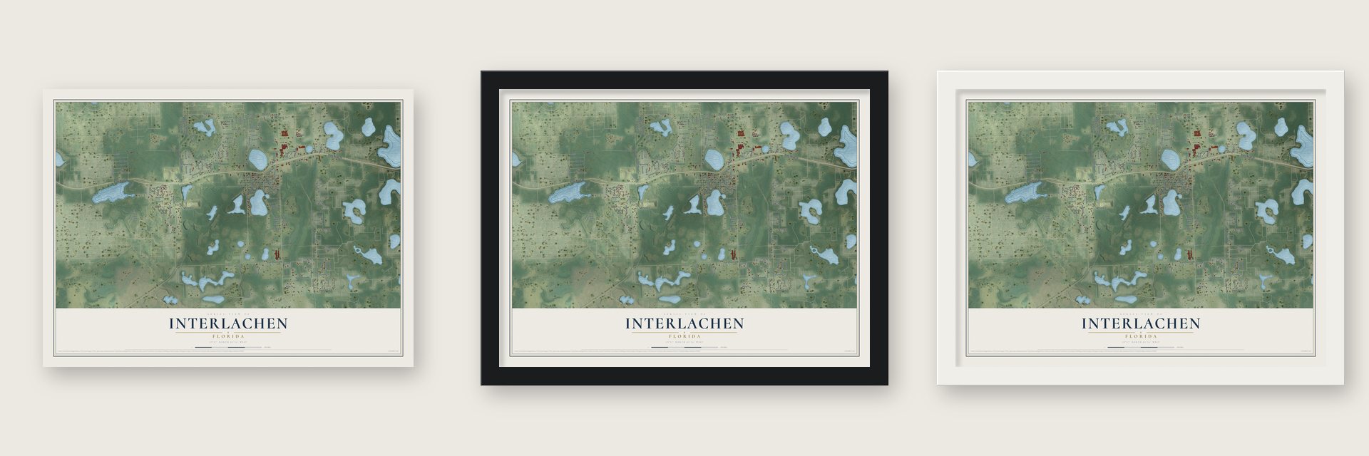 Interlachen, Florida map unframed, in a black wood frame and in a white wood frame