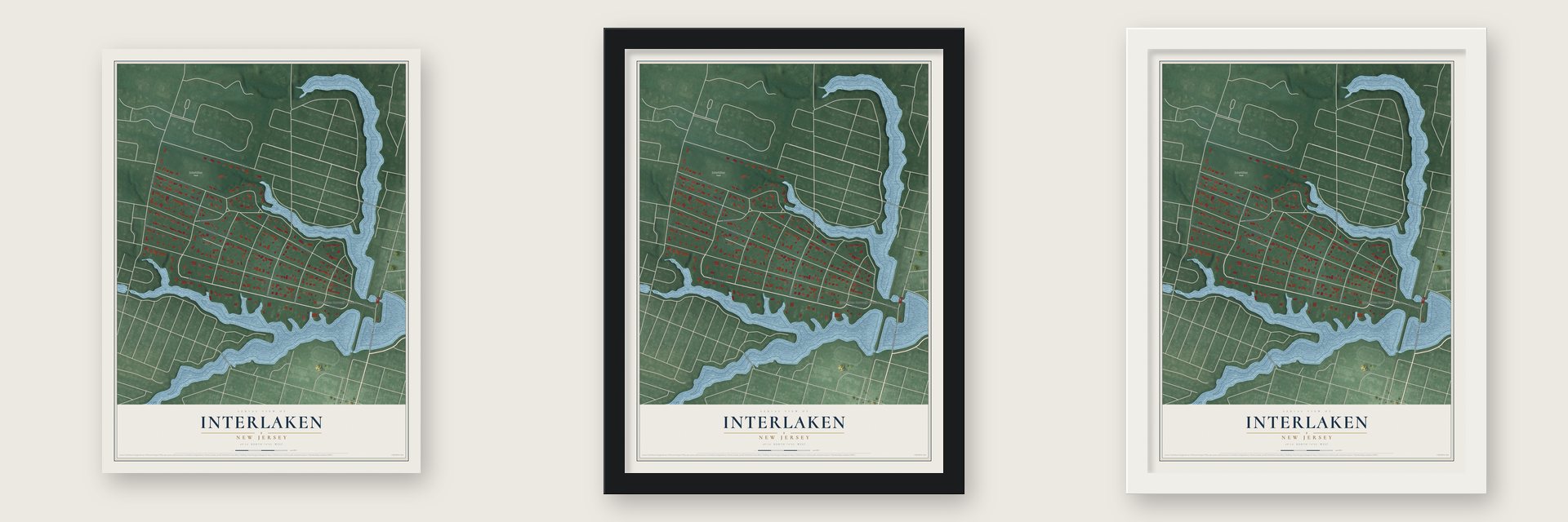 Interlaken, New Jersey map unframed, in a black wood frame and in a white wood frame