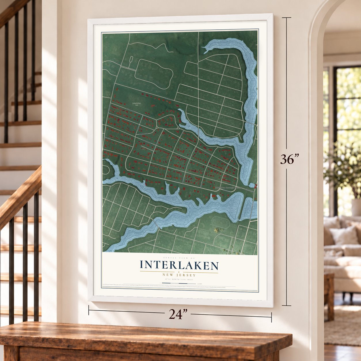 Interlaken, New Jersey map, 24 x 36 inch print in a white frame by a staircase