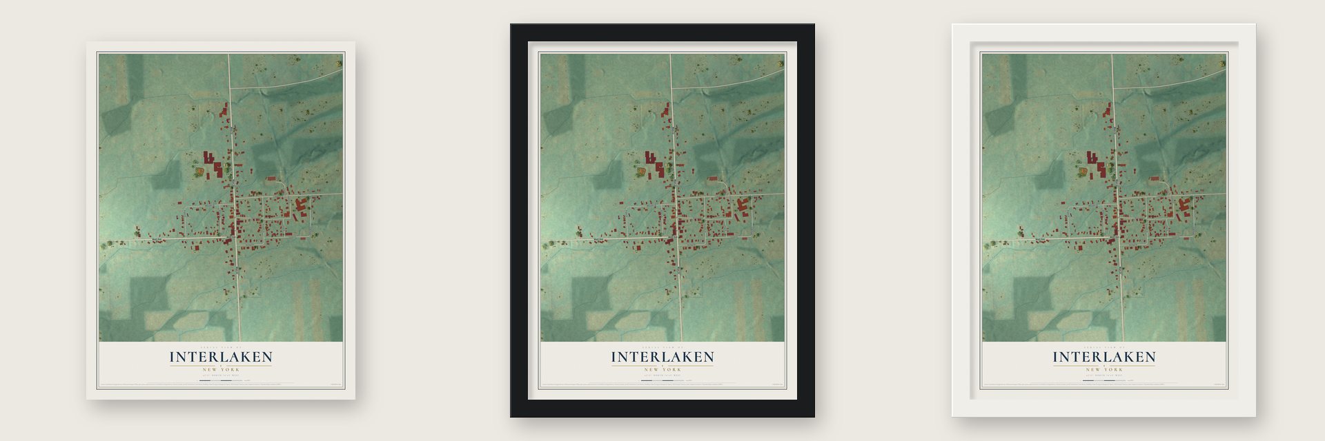 Interlaken, New York map unframed, in a black wood frame and in a white wood frame
